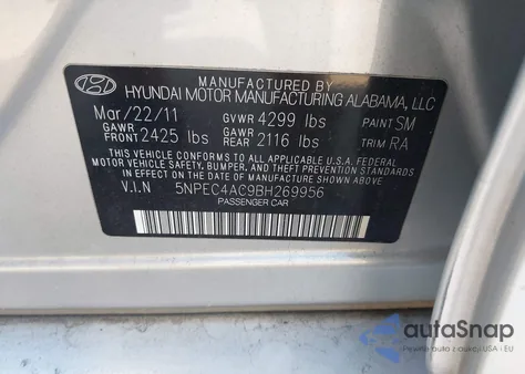 2011 Hyundai Sonata Se из США, поврежденный, VIN 5NPEC4AC9BH269956